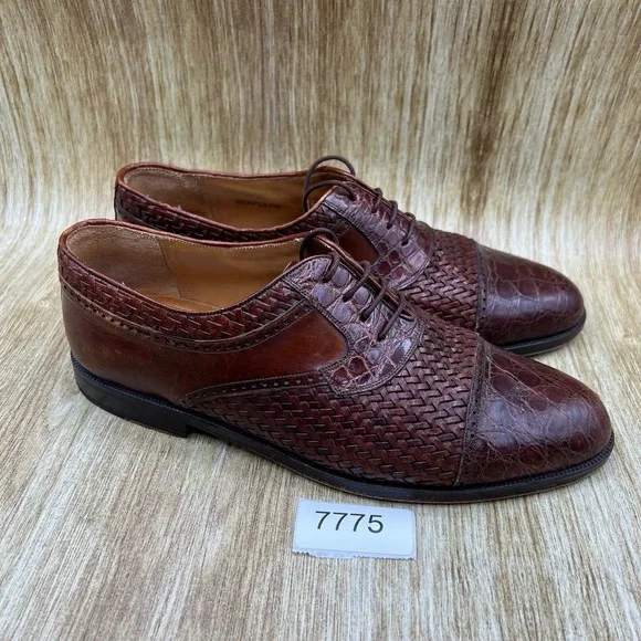 Mezlan Acapulco Men's 8.5 Brown Woven Leather Genuine Crocodile Cap Toe Oxfords